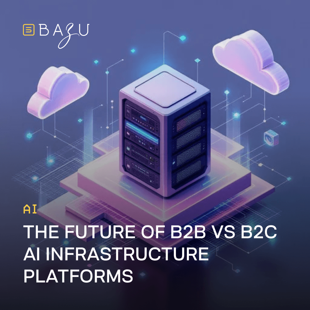 An isometric illustration of a server tower connected to glowing digital cloud networks, featuring the BAZU logo and the text "The future of B2B vs B2C AI infrastructure platforms."