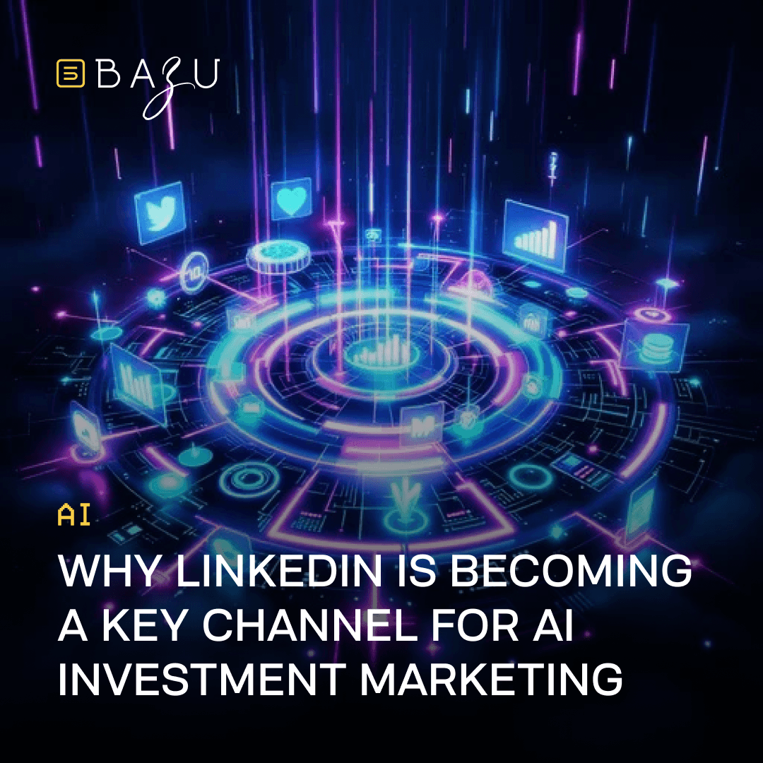 Futuristic glowing holographic circular interface with floating social media and analytics icons, visualizing why LinkedIn is becoming a key channel for AI investment marketing by BAZU.