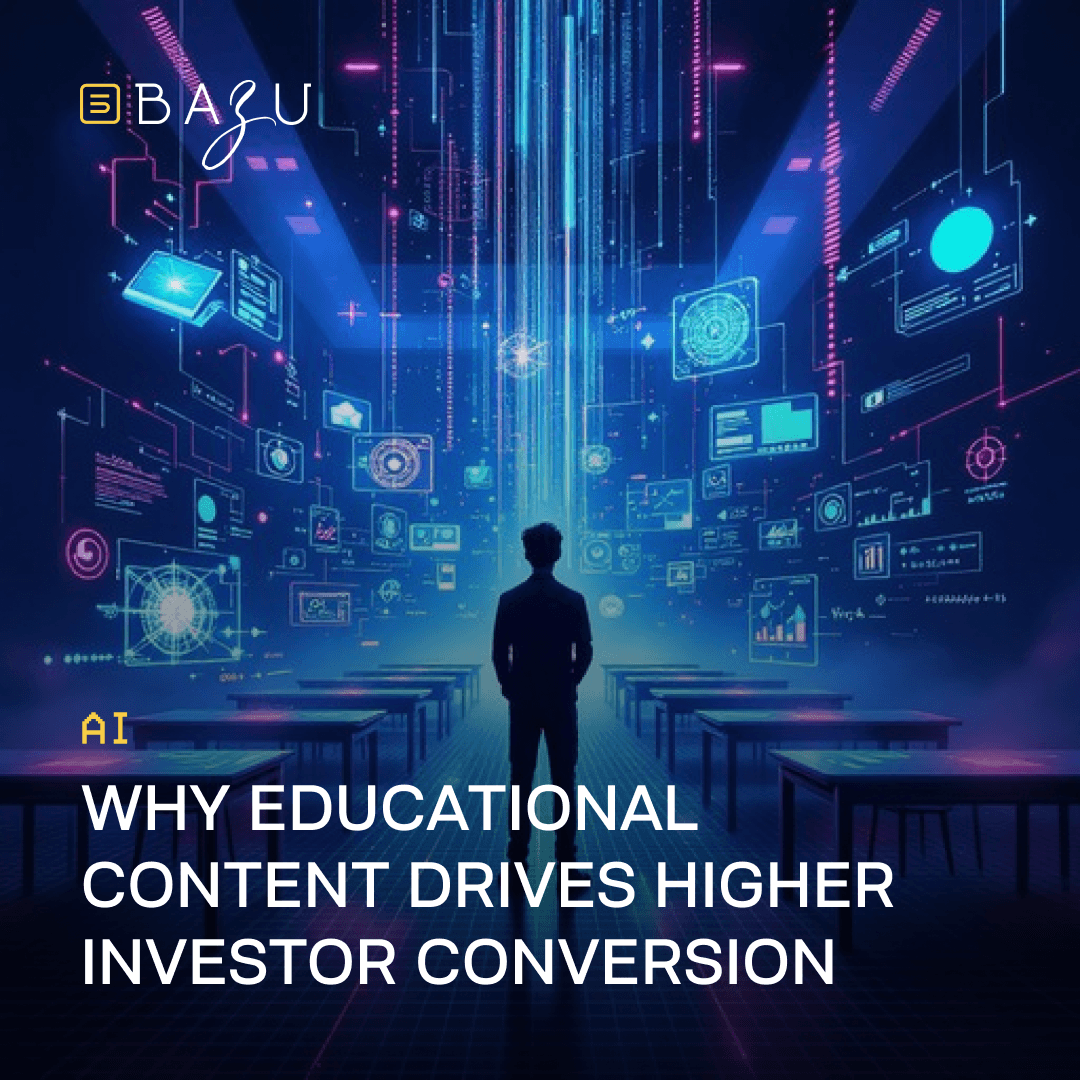 BAZU's futuristic digital illustration of a man standing in a high-tech virtual classroom filled with glowing holographic data screens and interfaces, visualizing why educational content drives higher investor conversion.