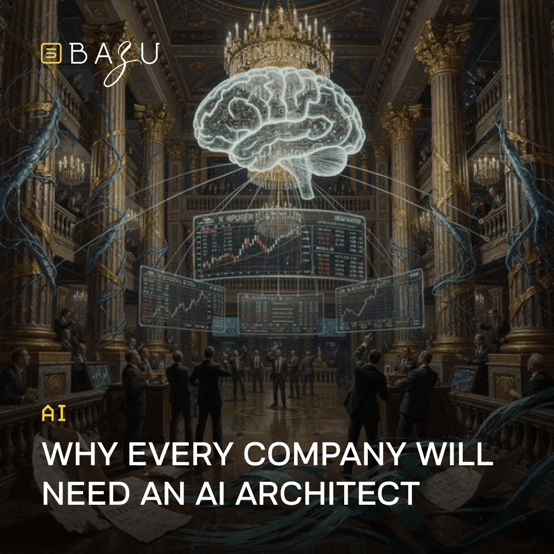 BAZU's surreal digital illustration of a grand classical hall with a massive glowing holographic brain connected by neural cables to floating financial data screens, surrounded by business professionals, visualizing why every company will need an AI architect.