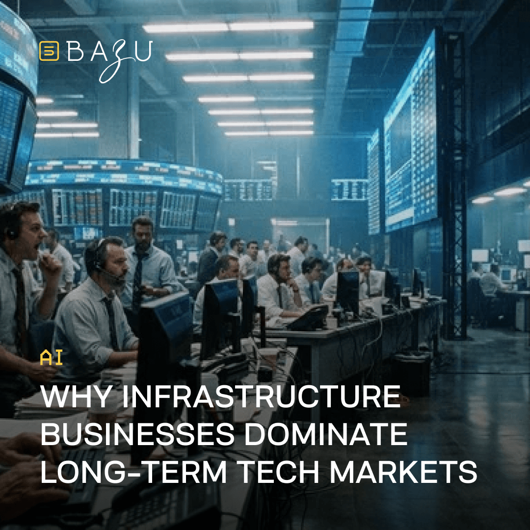 A busy stock trading floor filled with financial analysts working at computers under large digital display screens, featuring the BAZU logo and the text "Why infrastructure businesses dominate long-term tech markets."