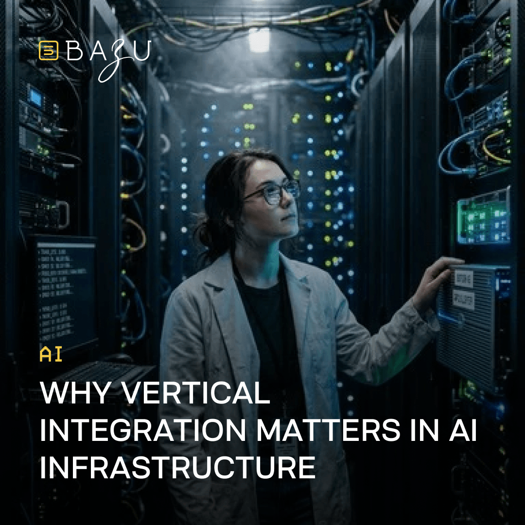 BAZU's realistic photograph of a female engineer with glasses working in a high-tech server room filled with glowing server racks, visualizing why vertical integration matters in AI infrastructure.