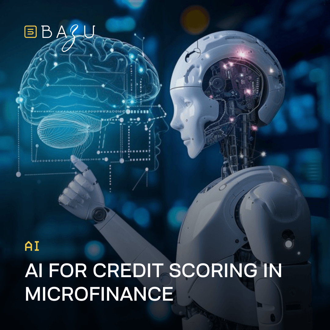A futuristic humanoid robot interacting with a glowing holographic human brain, symbolizing advanced AI for credit scoring in microfinance, featuring the BAZU logo.
