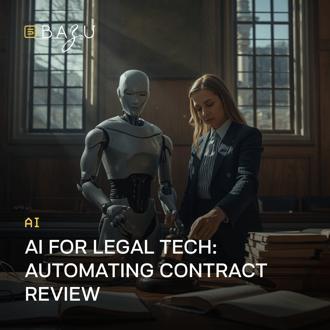 A humanoid robot and a professional woman in a suit reviewing documents together in a traditional courtroom setting with books and a gavel, representing AI for legal tech and automating contract review, with the BAZU logo.