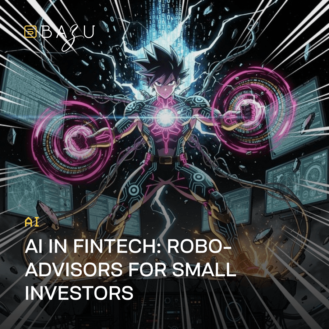 A powerful anime-style cybernetic hero surrounded by glowing pink energy orbs and digital financial interfaces in a dramatic futuristic command center, representing AI in fintech and robo-advisors for small investors, with the BAZU logo.