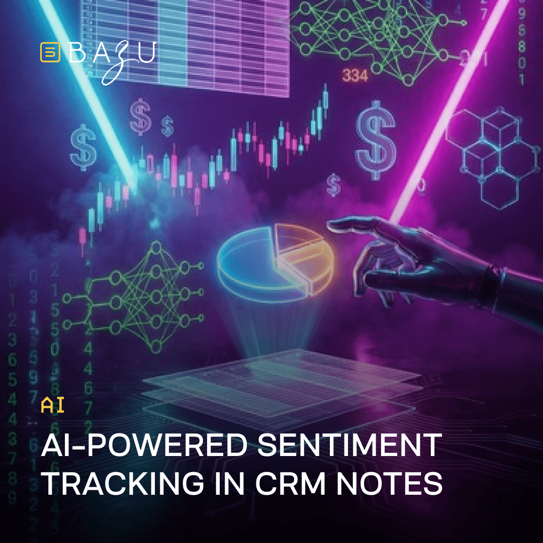 A robotic hand reaching toward a glowing pie chart surrounded by financial graphs, dollar signs, and neural networks, representing AI-powered sentiment tracking in CRM notes, with the BAZU logo.