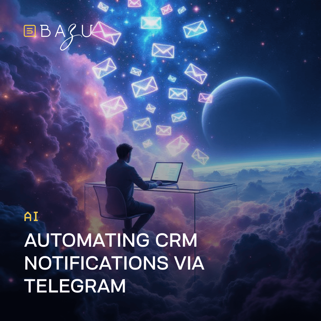A man in a suit working on a laptop at a transparent desk floating among colorful clouds in space, surrounded by glowing envelope icons, representing the automation of CRM notifications via Telegram, with the BAZU logo.