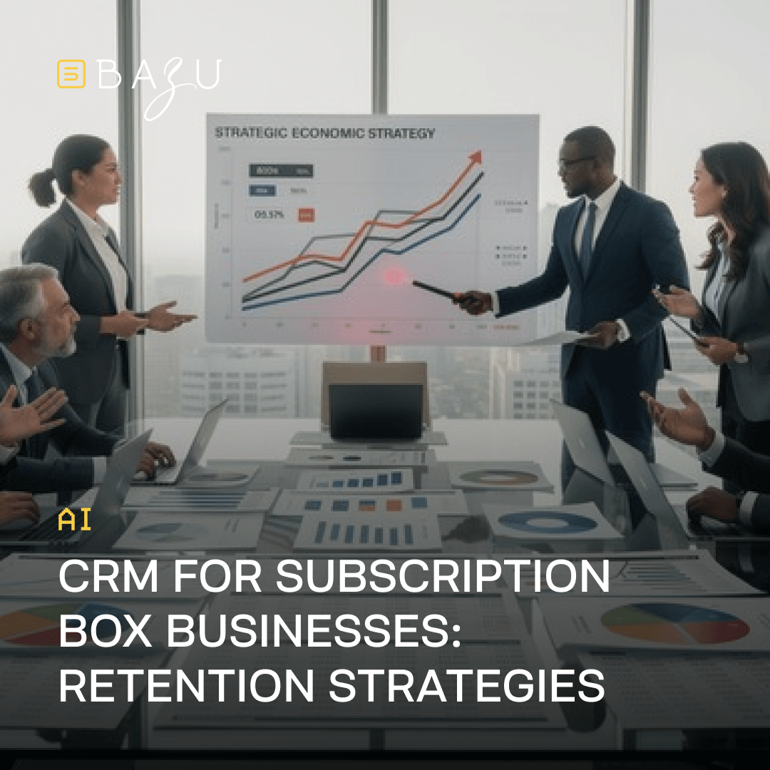 Business team in a modern conference room discussing retention strategies around a table with charts and a large presentation screen titled 'STRATEGIC ECONOMIC STRATEGY', representing CRM for subscription box businesses, with the BAZU logo.