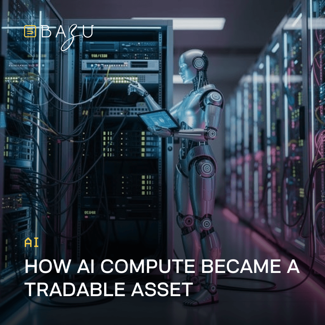 An AI-themed image from BAZU featuring a robot managing data center servers with a laptop, titled "AI HOW AI COMPUTE BECAME A TRADABLE ASSET."
