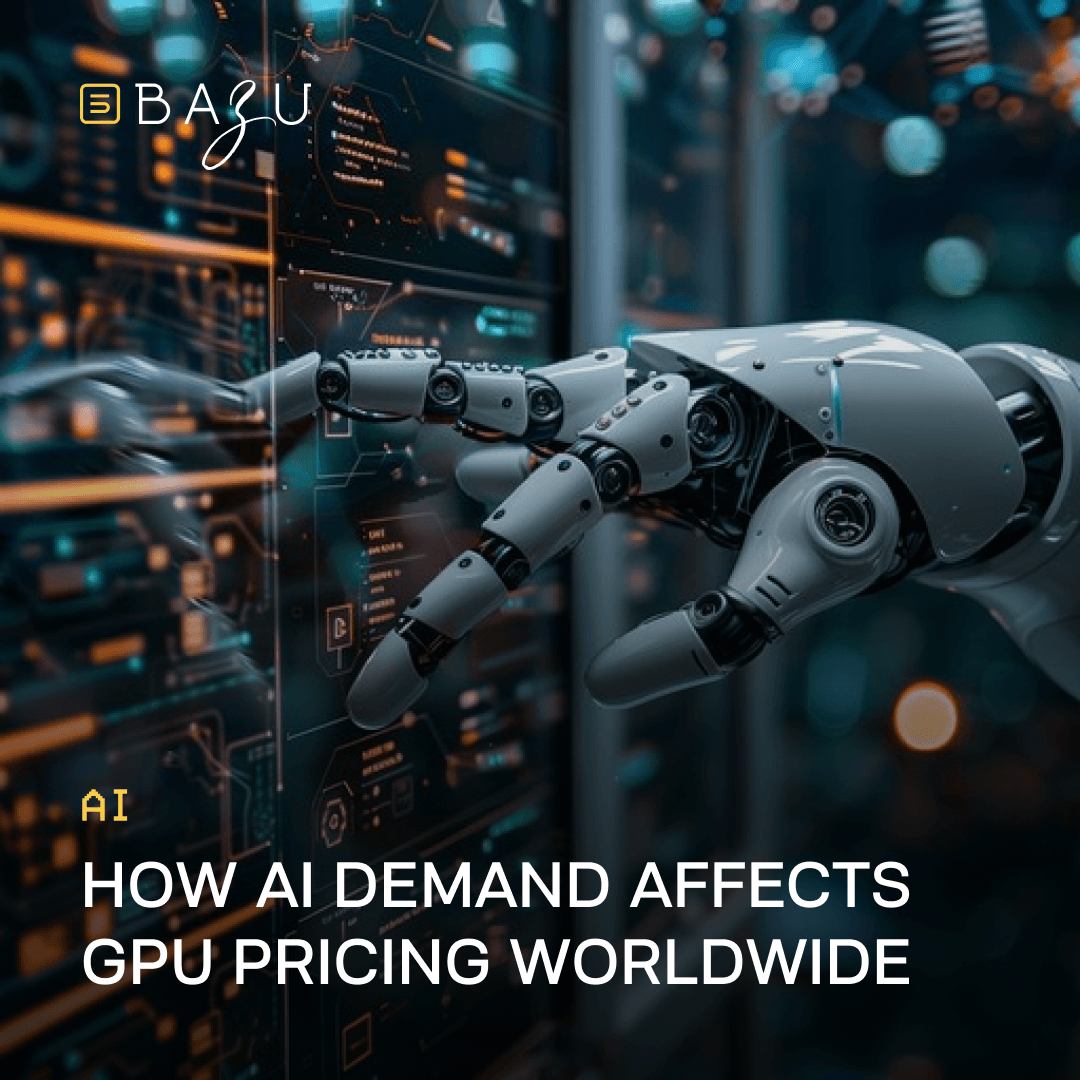 A sleek robotic hand touching a large futuristic digital interface filled with glowing data and code, symbolizing how AI demand affects GPU pricing worldwide, with the BAZU logo.