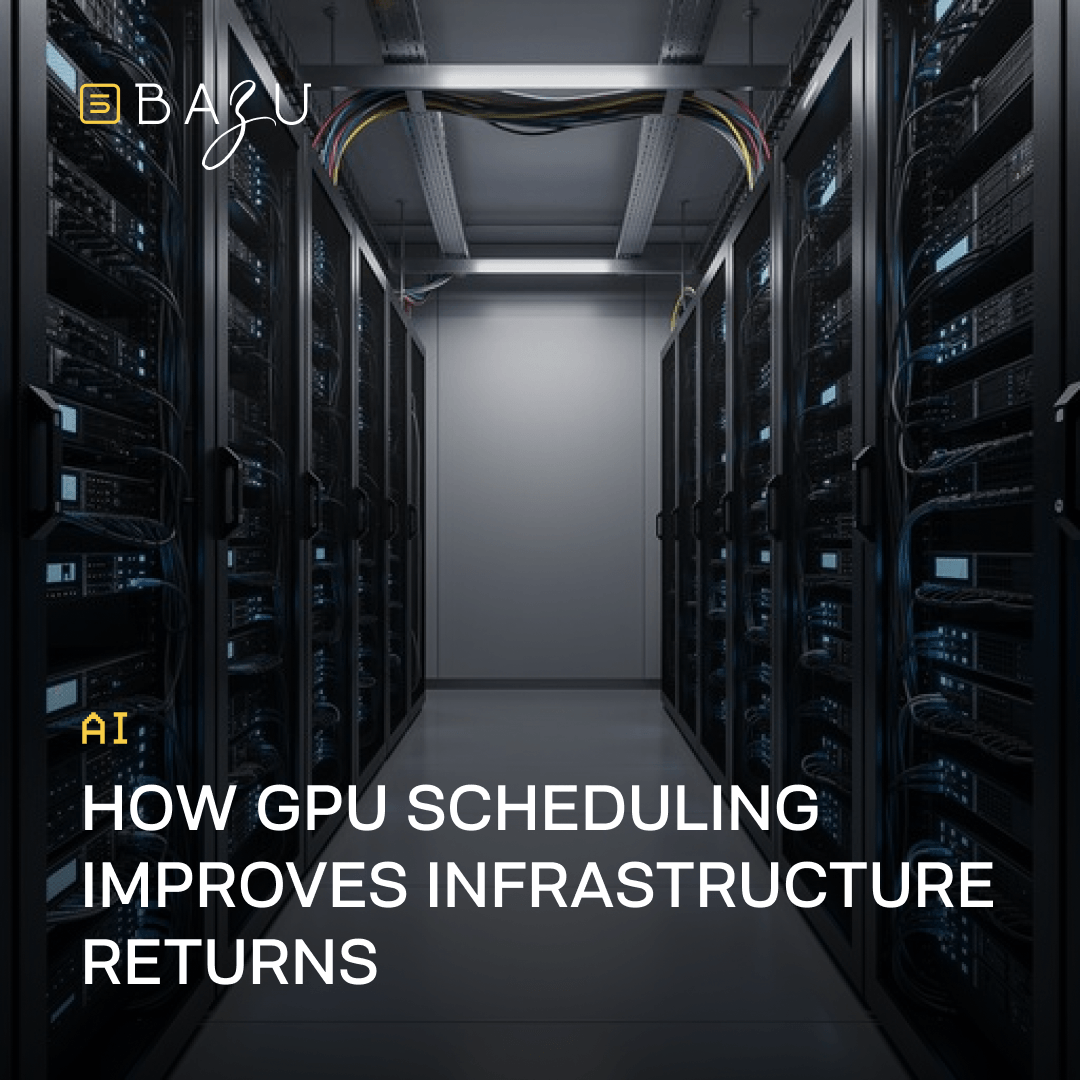 A long, futuristic data center corridor lined with dense server racks and overhead cabling, illustrating how GPU scheduling improves infrastructure returns, with the BAZU logo.