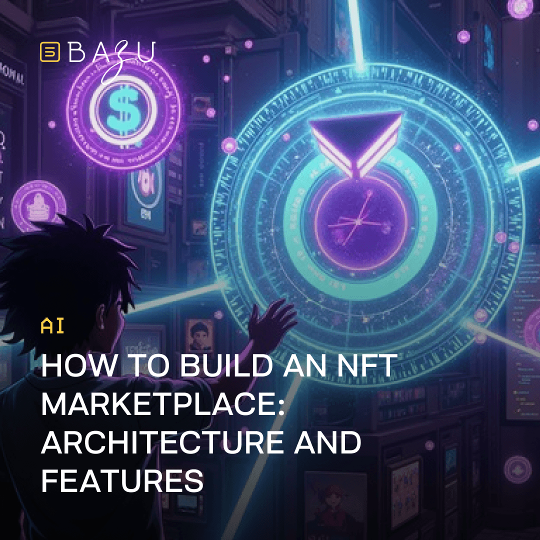 An anime-style digital illustration for BAZU, as referenced in "How to build an NFT marketplace_ architecture and features", showing a character interacting with a large, glowing blue and purple holographic circular interface in a futuristic server room, with the BAZU logo at the top left and bold white text at the bottom.