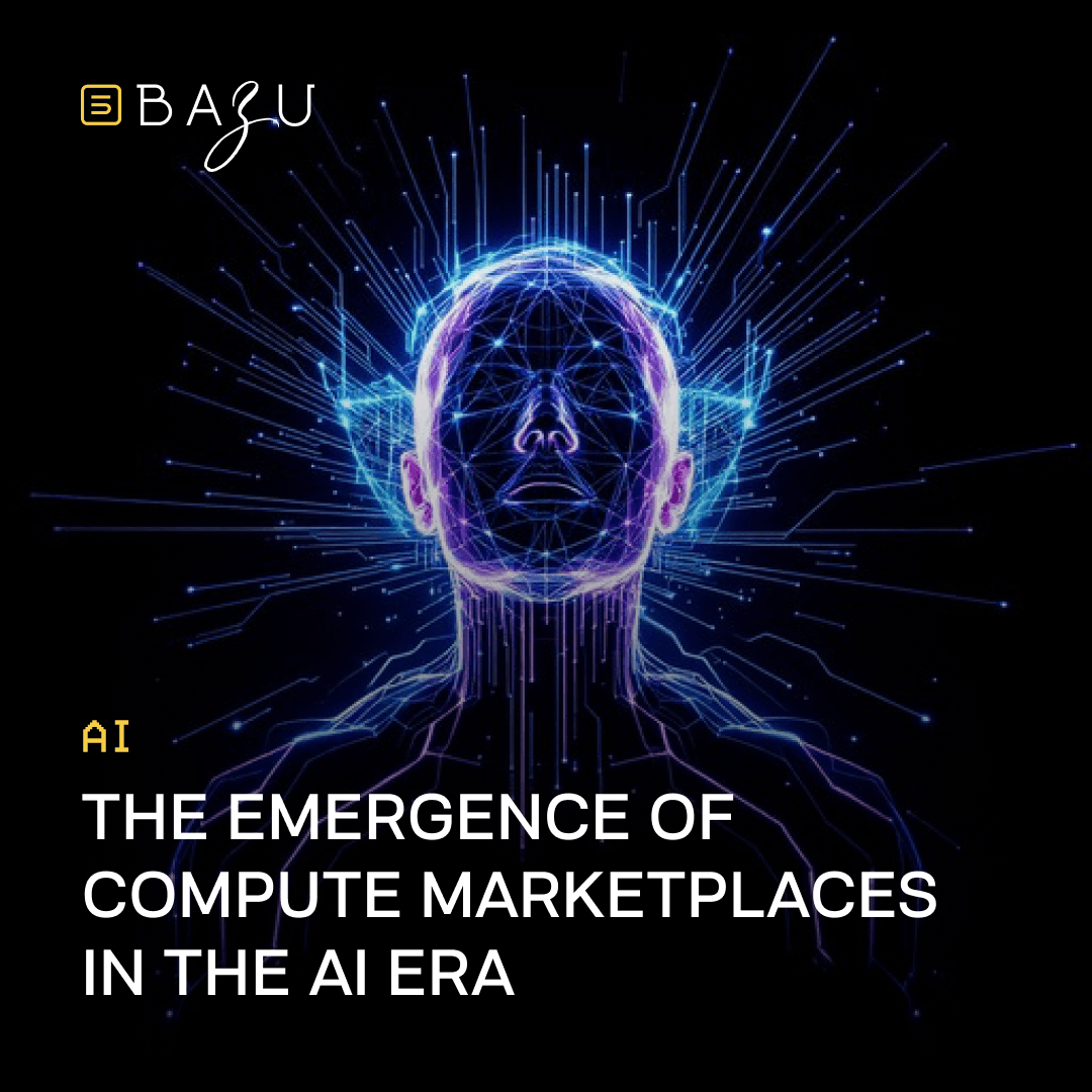 A digital abstract illustration for BAZU, as referenced in "The emergence of compute marketplaces in the AI era", showing a glowing blue and purple wireframe humanoid figure with lines of light bursting outward from its head on a black background, with the BAZU logo at the top left and white text at the bottom.