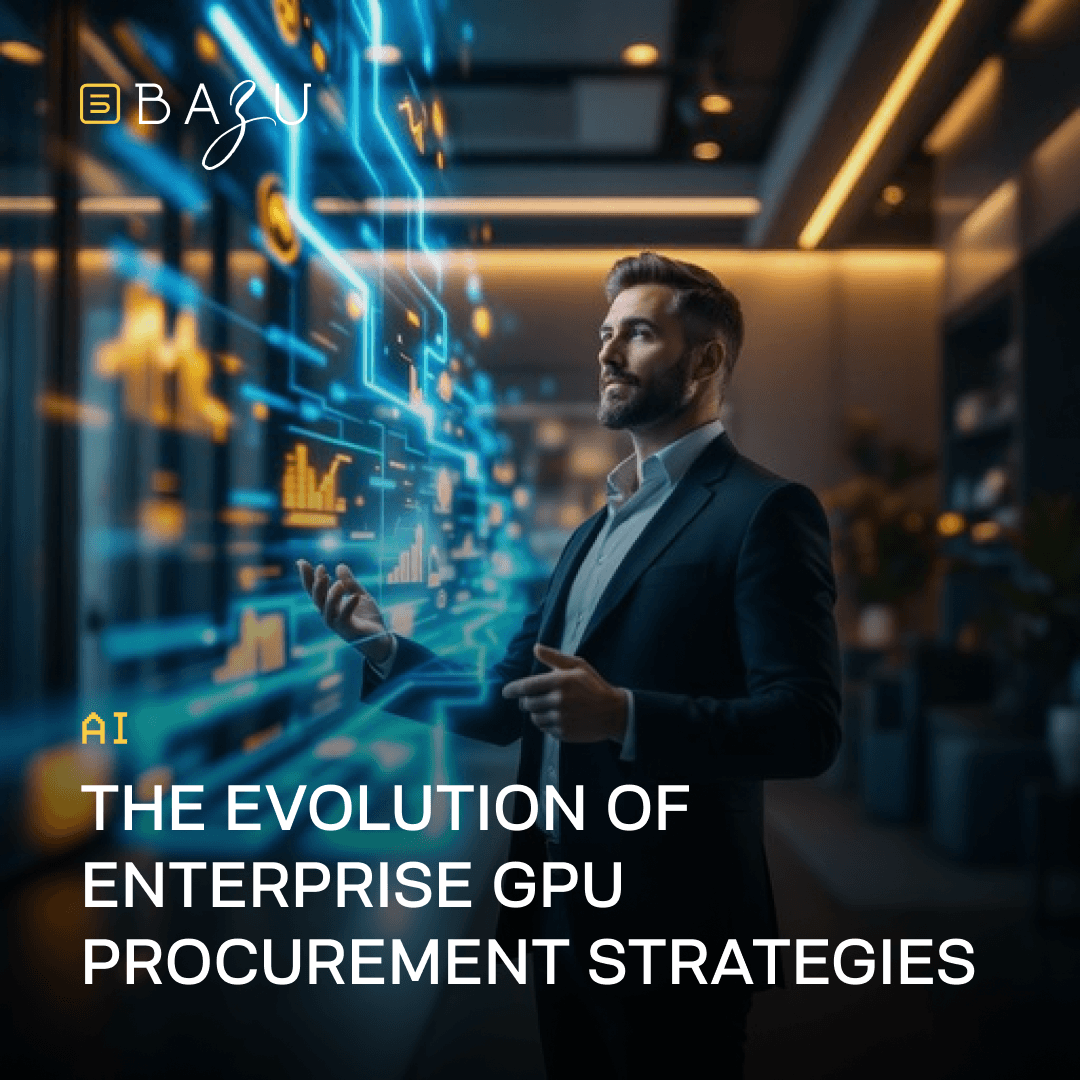 A confident businessman in a suit interacting with a large glowing holographic display of financial charts and data in a modern office, representing the evolution of enterprise GPU procurement strategies, with the BAZU logo.