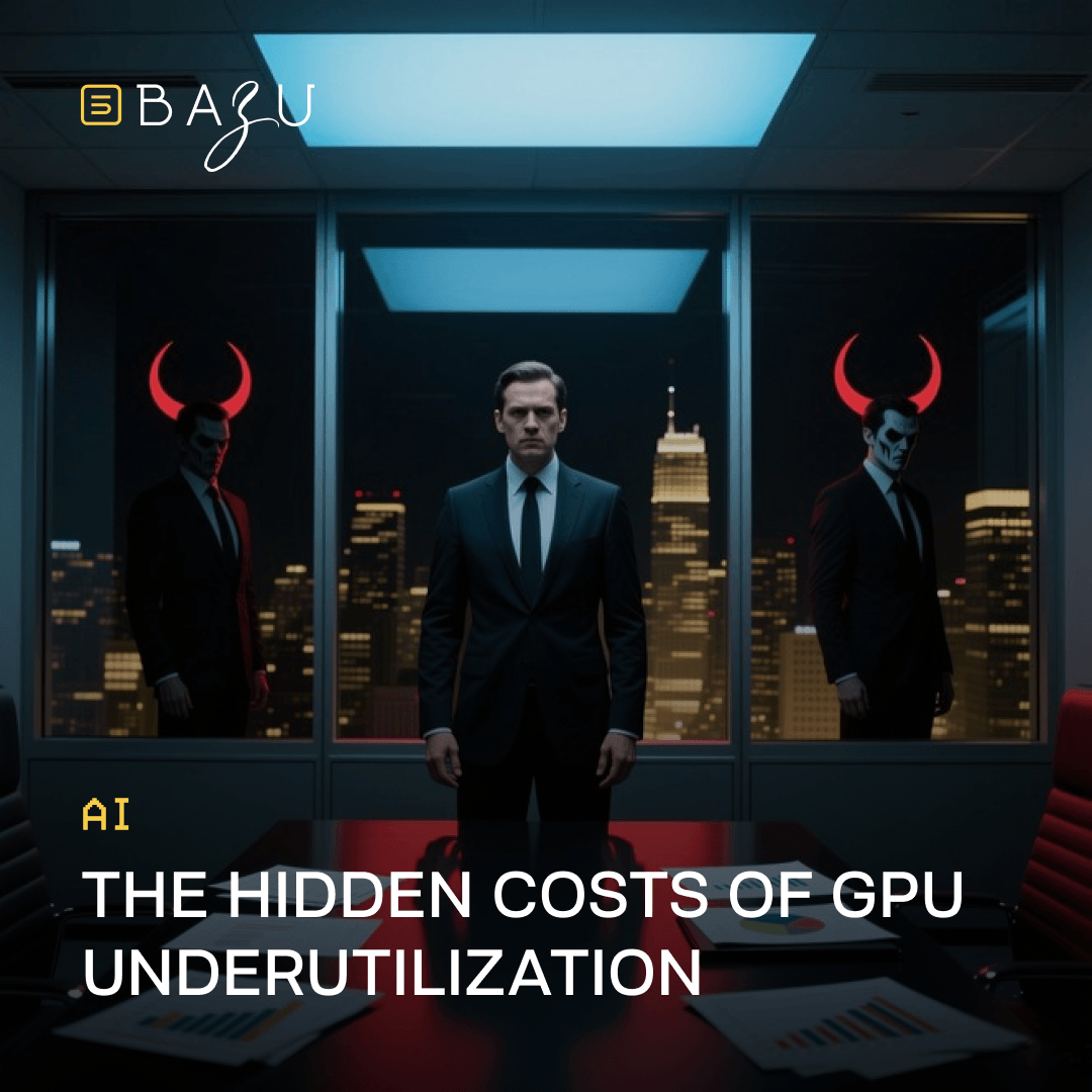 A serious businessman standing in a dark modern office between two demonic figures with red horns against a nighttime city skyline, metaphorically representing the hidden costs of GPU underutilization, with the BAZU logo.