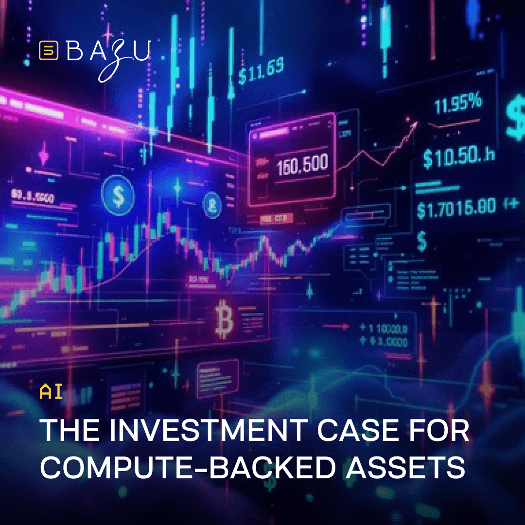 A vibrant futuristic digital financial dashboard filled with neon candlestick charts, cryptocurrency symbols, and glowing investment data, representing the investment case for compute-backed assets, with the BAZU logo.