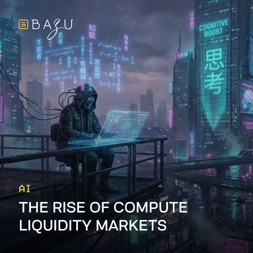 A cinematic digital art graphic by BAZU, set in a rainy cyberpunk metropolis at night, features a hooded cyber-enhanced figure using a glowing, data-filled laptop on an elevated balcony while surrounded by complex mathematical equations, with neon-lit skyscrapers displaying text like 'COGNITIVE BOOST' and 'The rise of compute liquidity markets'.