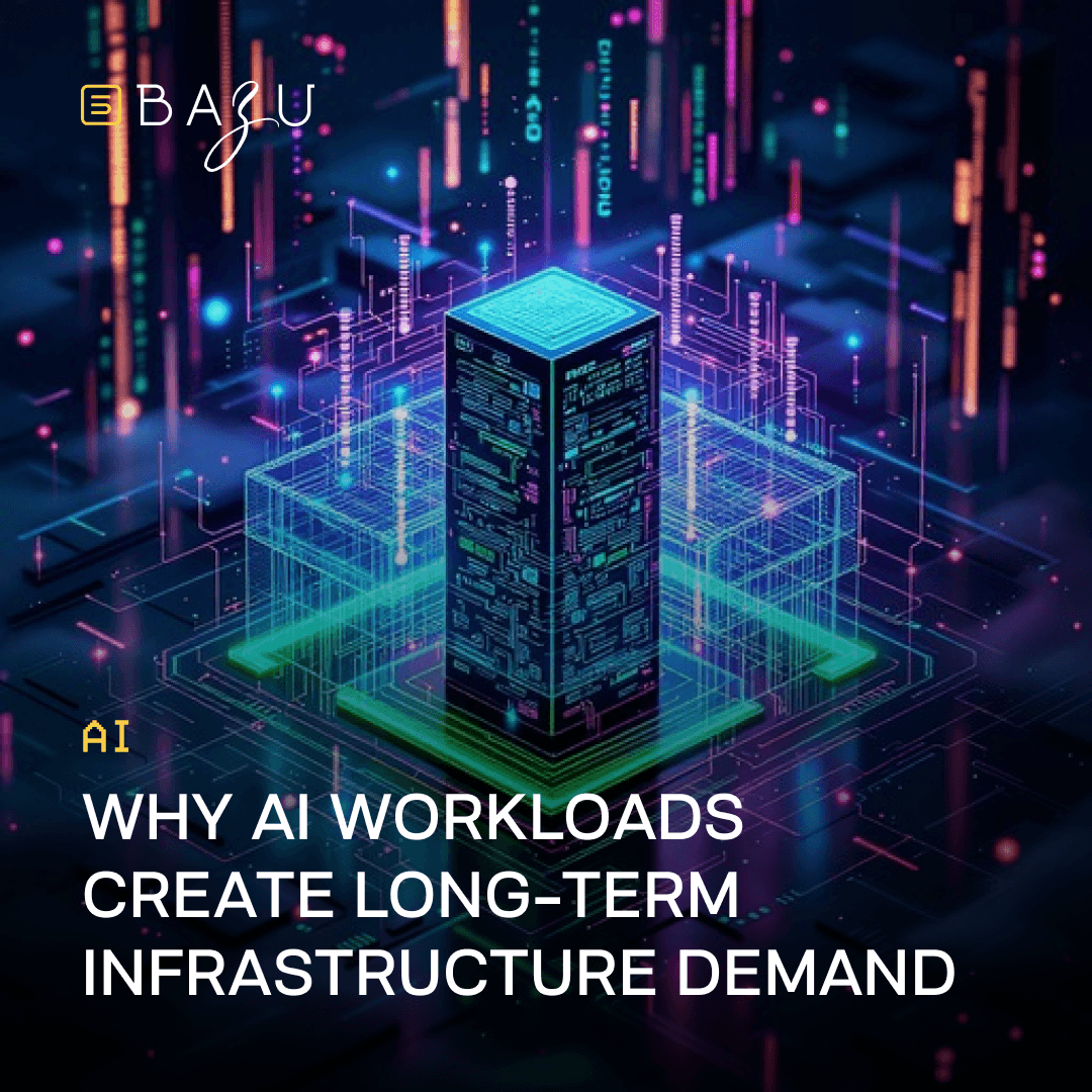 A futuristic digital illustration for BAZU, as referenced in "Why AI workloads create long-term infrastructure demand", featuring a glowing, detailed data server tower surrounded by neon blue, green, and pink circuit pathways, with the BAZU logo at the top left and bold white text at the bottom.