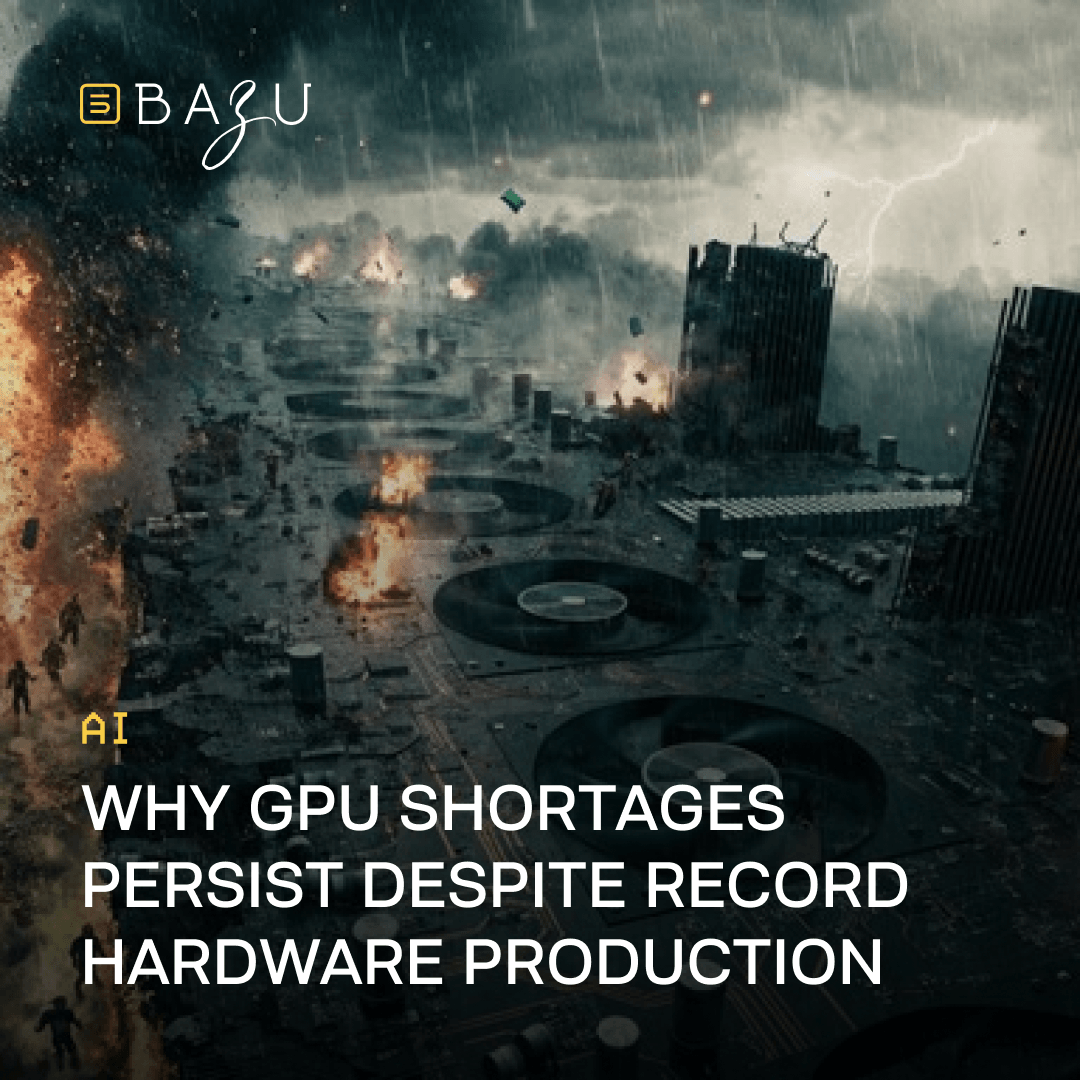 A dramatic apocalyptic cityscape in ruins with explosions, fires, and giant hard drives scattered among destroyed buildings under stormy rain and lightning, metaphorically representing why GPU shortages persist despite record hardware production, with the BAZU logo.