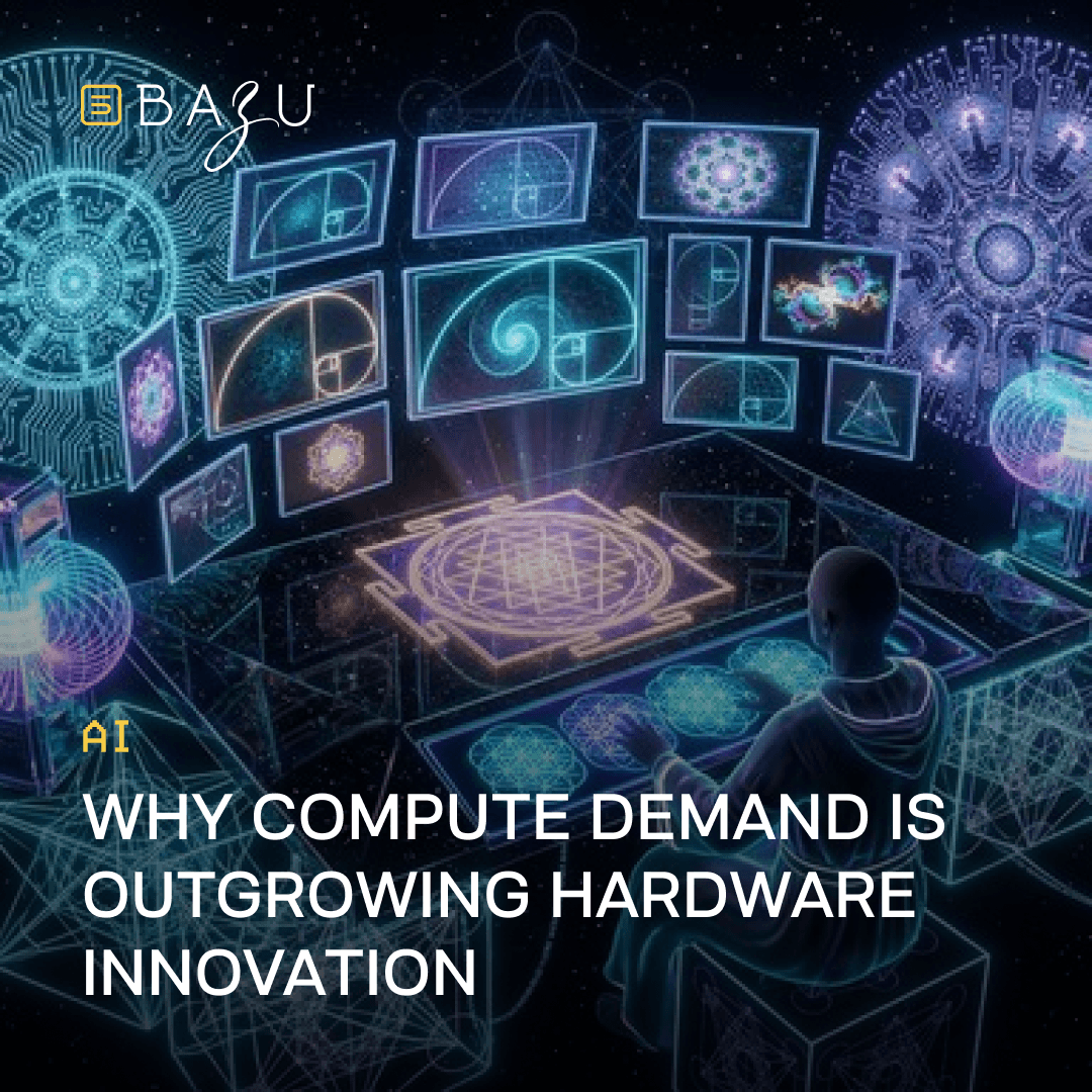 A person in a hoodie seated in a futuristic digital realm surrounded by glowing holographic mathematical diagrams, geometric patterns, and neural networks, representing why compute demand is outgrowing hardware innovation, with the BAZU logo.