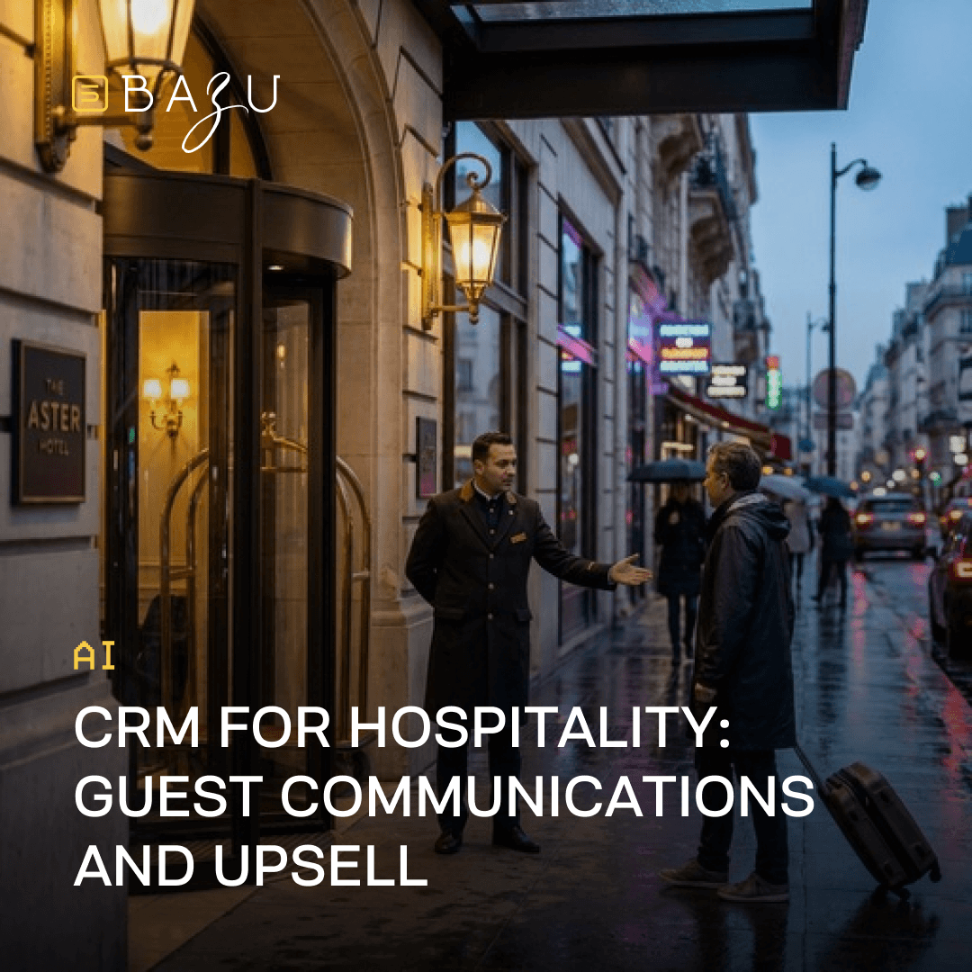A hotel doorman in uniform greeting a guest with a suitcase outside a luxury hotel entrance on a rainy city street at night, representing CRM for hospitality focused on guest communications and upsell, with the BAZU logo.