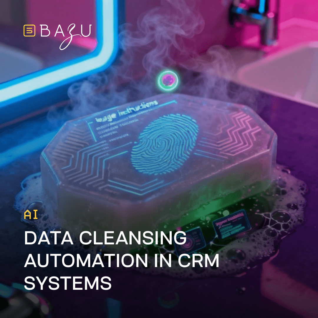A futuristic translucent soap bar with glowing circuit patterns and fingerprint design placed in a neon-lit sink with foam and steam, metaphorically representing data cleansing automation in CRM systems, with the BAZU logo.