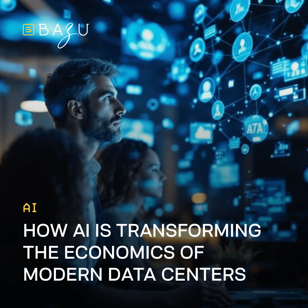 A man and a woman examining a glowing blue holographic network of AI icons and data connections in a futuristic setting, illustrating how AI is transforming the economics of modern data centers, with the BAZU logo.