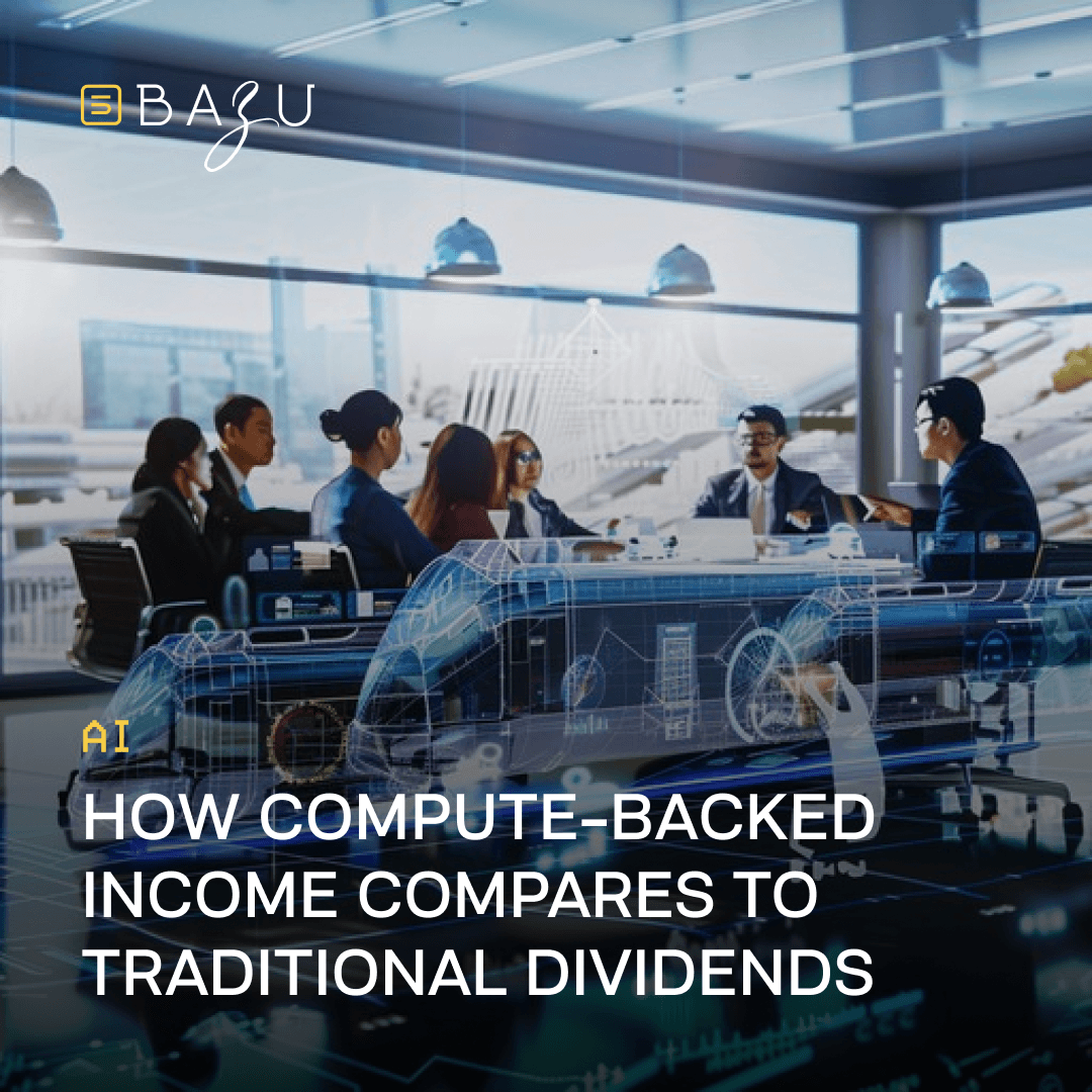 Business professionals in a modern conference room discussing around a table with overlaid futuristic holographic data visualizations, representing how compute-backed income compares to traditional dividends, with the BAZU logo.