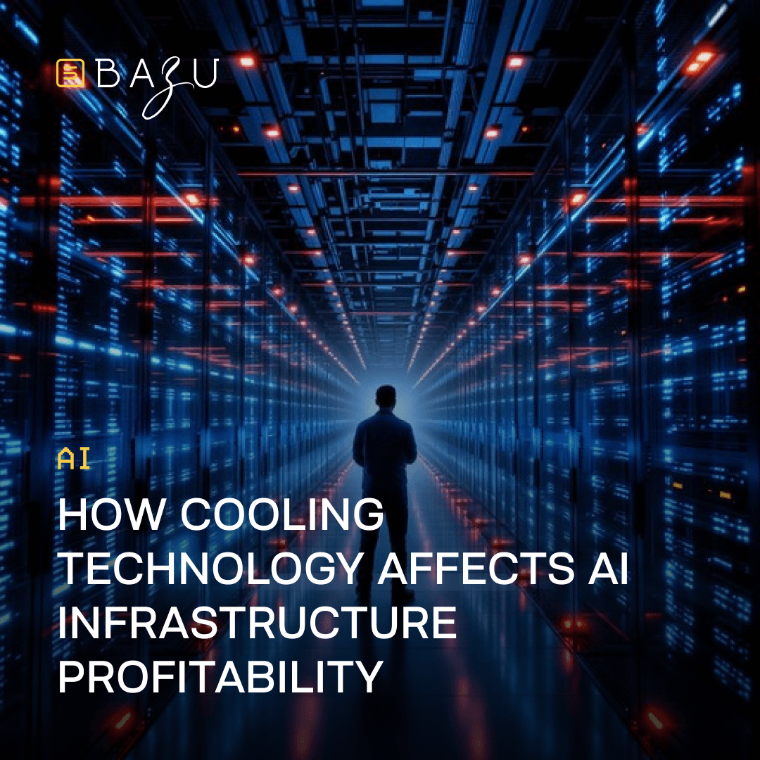 "A person standing in the middle of a long futuristic data center corridor lined with glowing blue and red server racks, illustrating how cooling technology affects AI infrastructure profitability, with the BAZU logo."