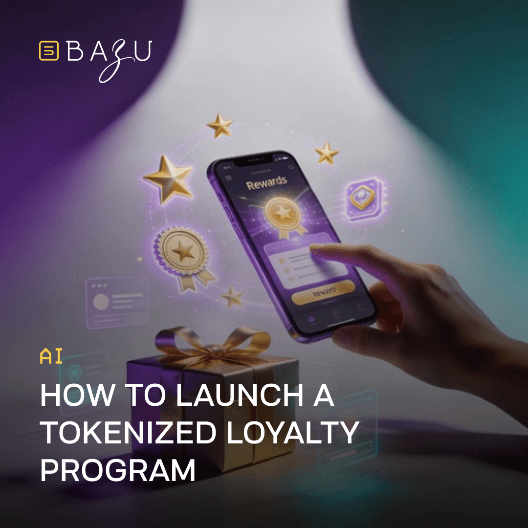 A hand holding a smartphone displaying a glowing rewards app surrounded by floating golden stars, badges, and a gift box, illustrating how to launch a tokenized loyalty program, with the BAZU logo.