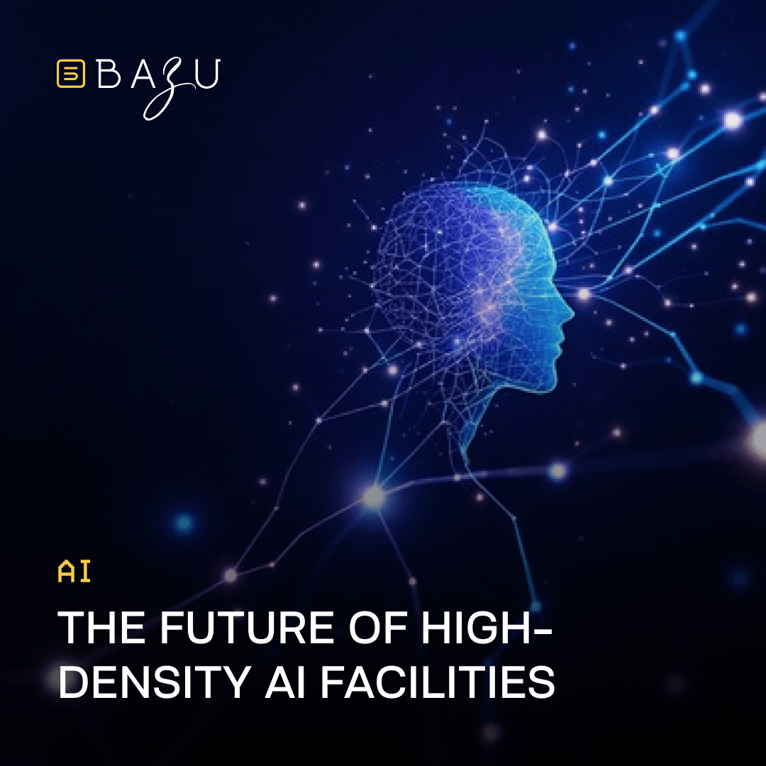 A glowing blue digital wireframe human head profile composed of interconnected network nodes and data streams against a dark background, representing the future of high-density AI facilities, with the BAZU logo.