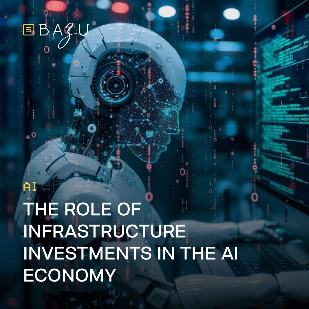 A humanoid robot working on a laptop with glowing code and digital data streams, representing the role of infrastructure investments in the AI economy, with the BAZU logo.