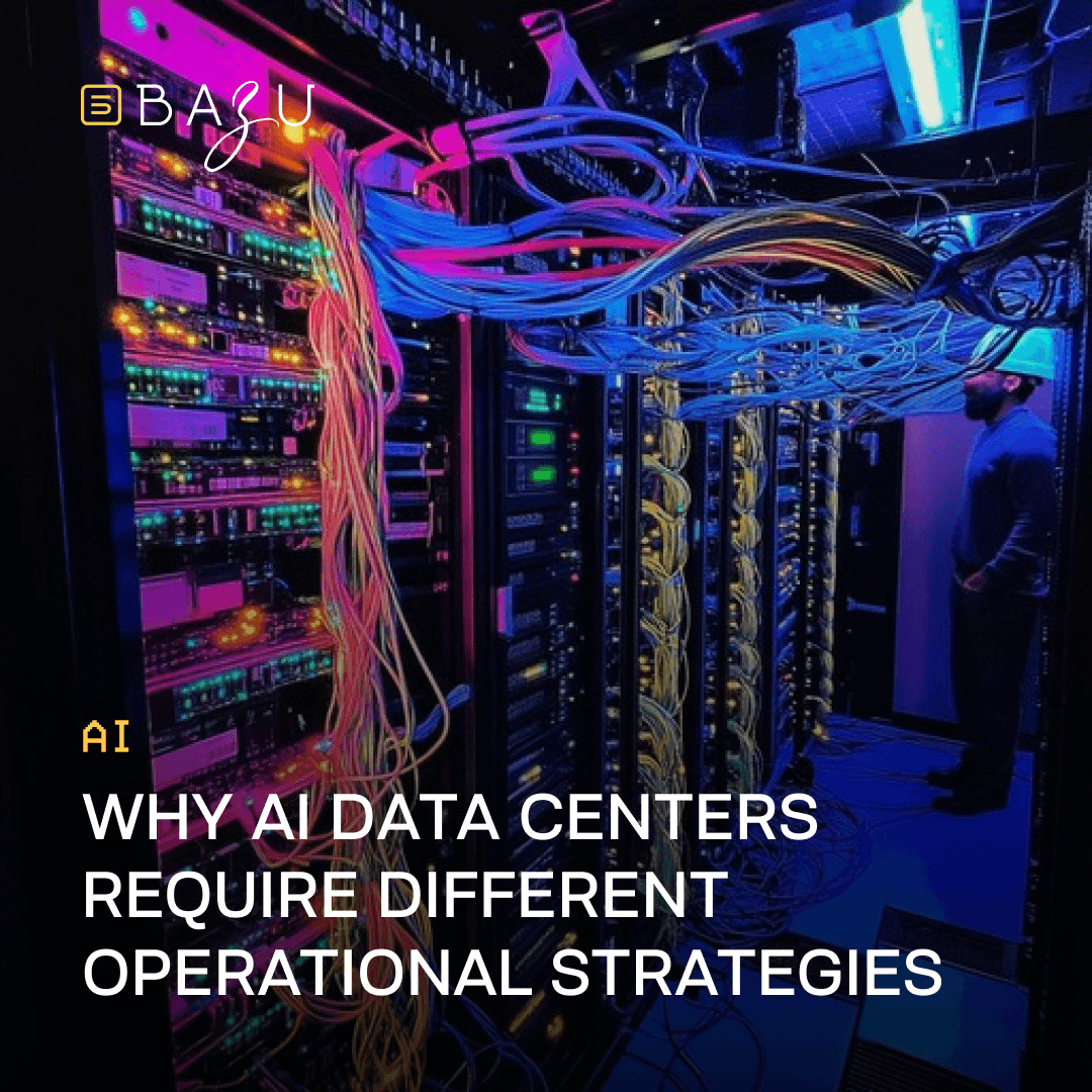 A brightly lit data center corridor filled with colorful hanging cables and glowing server racks, with a technician observing in the background, illustrating why AI data centers require different operational strategies, with the BAZU logo.