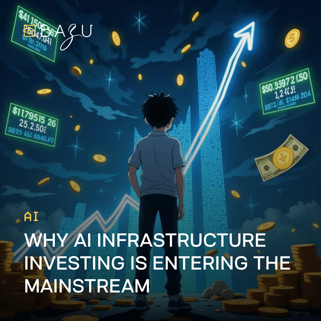 An anime-style graphic by BAZU depicting a boy standing before a rising financial chart and glowing skyscrapers surrounded by falling coins, with the overlay text 'WHY AI INFRASTRUCTURE INVESTING IS ENTERING THE MAINSTREAM.'
