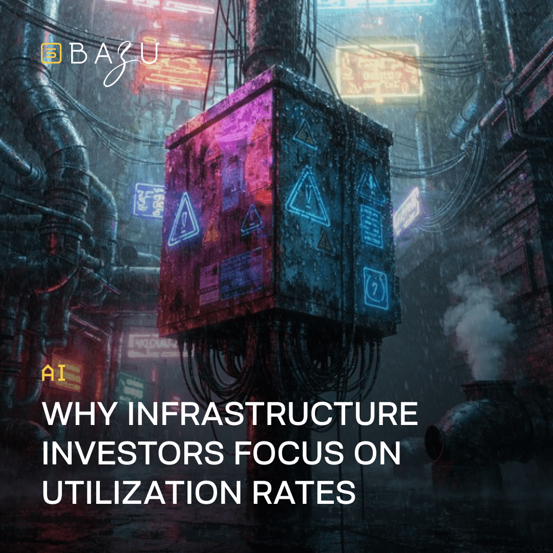 A large futuristic industrial machine glowing with neon pink and blue lights in a rainy cyberpunk alleyway surrounded by pipes and wires, symbolizing why infrastructure investors focus on utilization rates, with the BAZU logo.